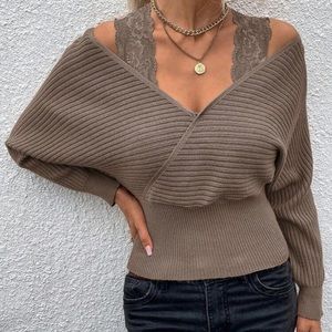 New V neck mocha brown long sleeve sweater